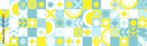 Seamless geometric summer background from flowers ornament, bright textiles and wallpaper. Daisies and bells in yellow and blue sunny shades for packaging goods and gifts.