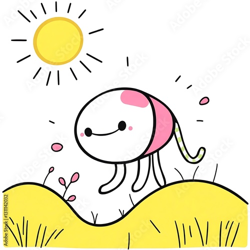 Whimsical Pastel Cartoon Illustration with Dynamic Lines on White Background