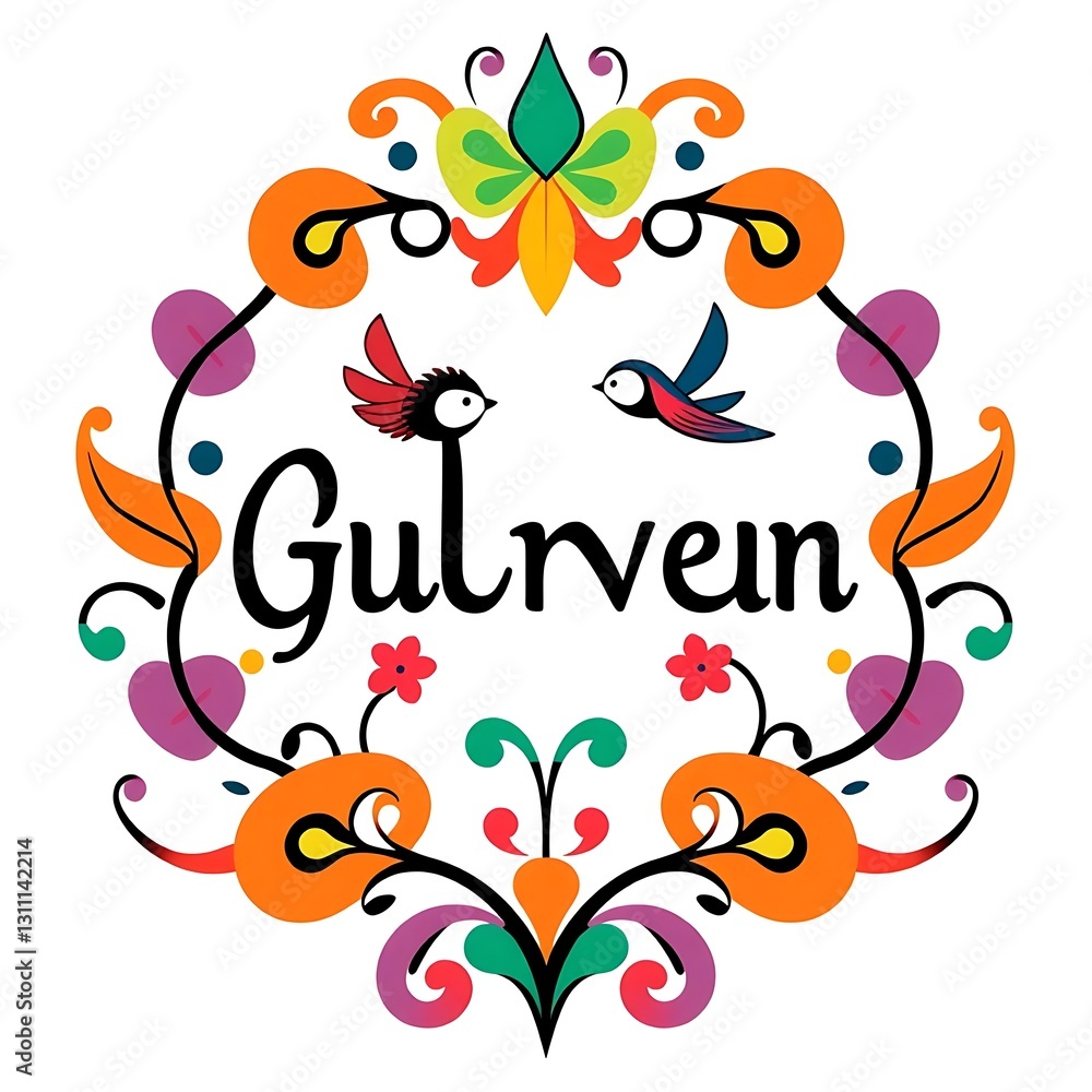 Whimsical Art Nouveau Illustration with Bold Outlines and Vibrant Colors on White Background