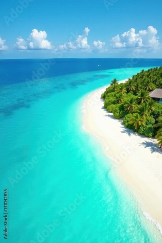 Vibrant turquoise sea, dazzling blue sky over Funadhoo's pristine beach , landscape, bright
