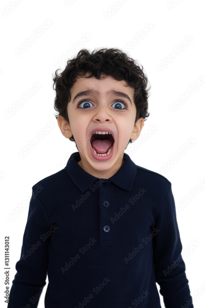 Child expressing emotions with a loud scream, isolated on white background, young boy showing excitement or surprise, playful facial expression, childhood joy.