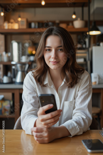 A caucasian woman, 23 years old with brown hair, holding a smartphone, wearing a white shirt in a coffee shop