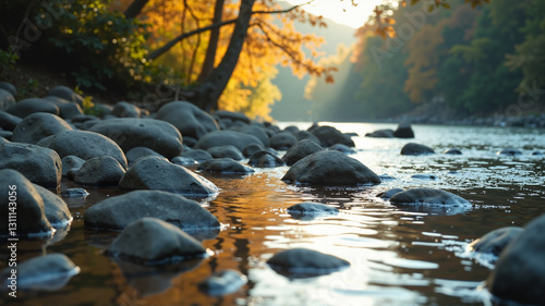realistics A peaceful dance of reflections and textures unfolds as rocks and water harmoniously coexist on serene riverbank or shore