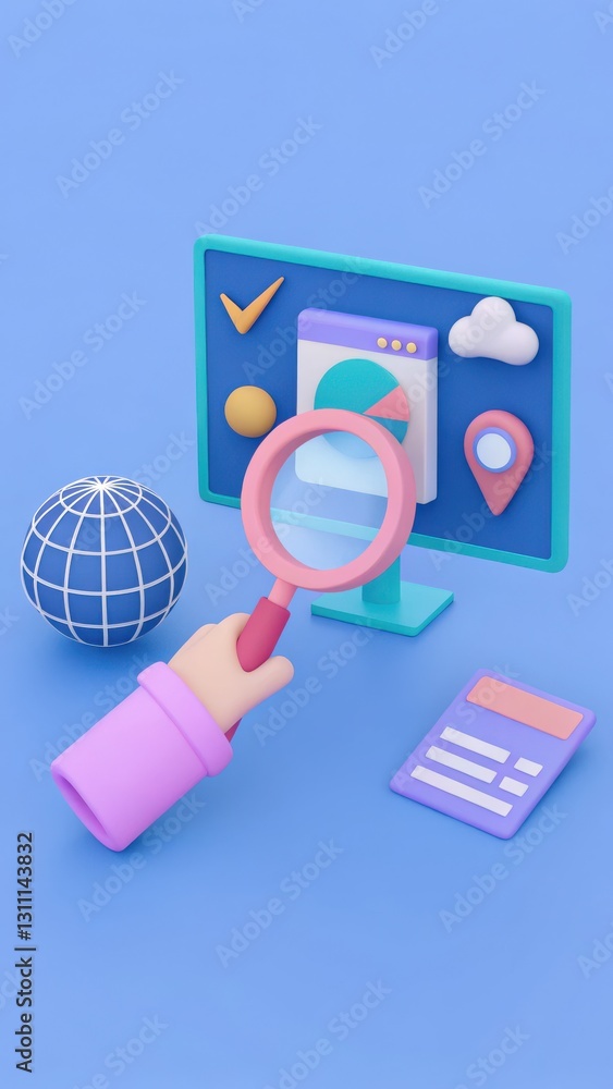 Colorful 3D Illustration of Computer Search Concept with Hand Holding Magnifying Glass Colorful 3D Illustration of Computer Search Concept with Hand Holding Magnifying Glass