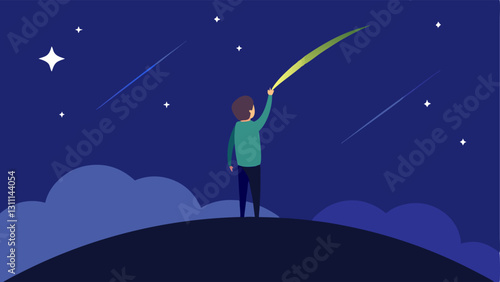 That Moment When You Spot a Shooting Star A person stands on a grassy hill at night gazing up at the sky. In the background a vibrant night sky is dotted with stars and a bright