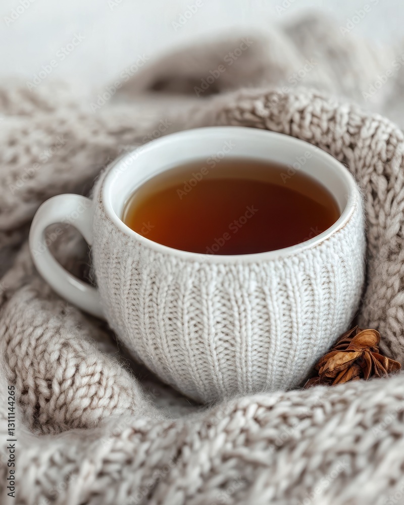 Cozy Cup of Tea Wrapped in Soft Knit Sweater with Warm Textures and Earthy Tones Cozy Cup of Tea Wrapped in Soft Knit Sweater with Warm Textures and Earthy Tones