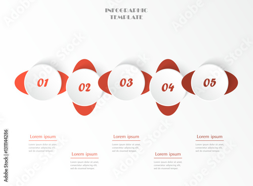 Step by step red infographic template with 5 options, parts or processes.