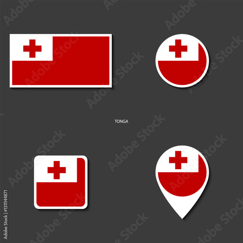 Tonga flag icon set in different shape (rectangle, circle, square and marker icon) on dark grey background. Tonga sticker icon collection on barely dark background	