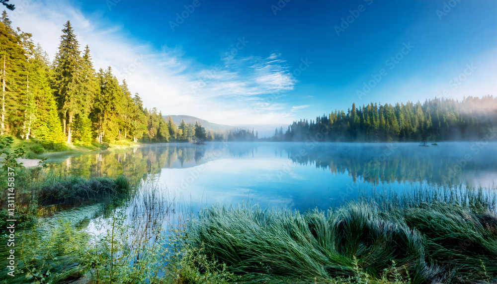 Lakeside Serenity: A serene lake reflects the surrounding lush green trees under a vibrant blue sky, the water's surface shimmering with a soft morning mist. Capturing the beauty of nature. Lakeside Serenity: A serene lake reflects the surrounding lush green trees under a vibrant blue sky, the water's surface shimmering with a soft morning mist. Capturing the beauty of nature.