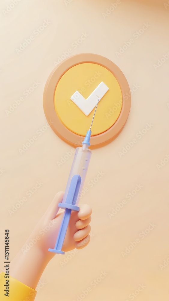 Hand Holding Syringe Against Circular Badge with Check Mark on Beige Background Hand Holding Syringe Against Circular Badge with Check Mark on Beige Background