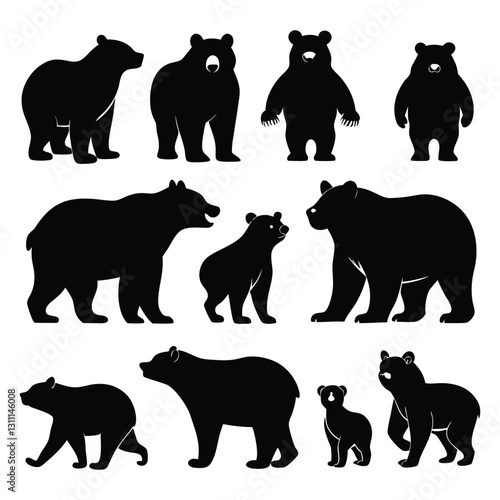 Set of Bear Silhouettes | Wild Animal Vector Icons | Black and White Illustration