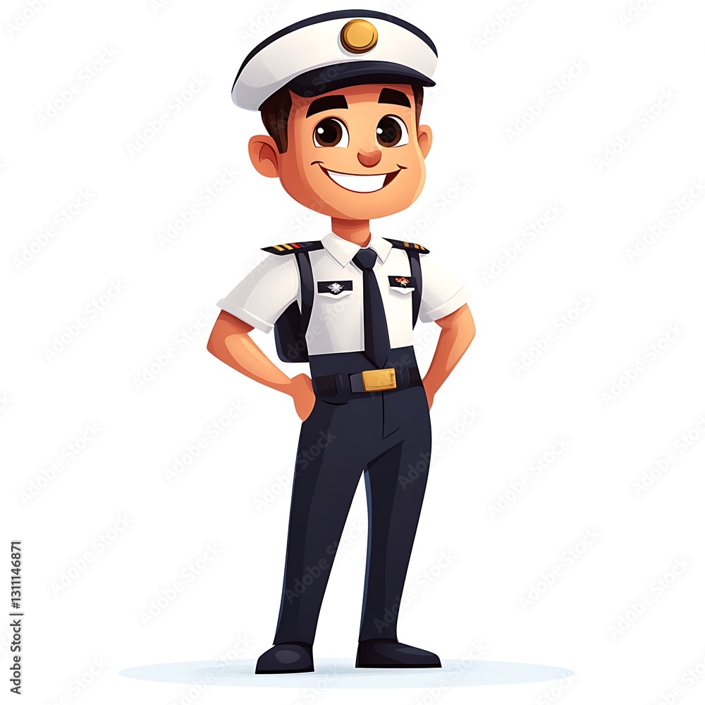 Confident Pilot Cartoon Illustration: A friendly and cheerful cartoon pilot, ready for adventure, stands confidently in his crisp white uniform, adorned with a black tie and a captain's hat. Confident Pilot Cartoon Illustration: A friendly and cheerful cartoon pilot, ready for adventure, stands confidently in his crisp white uniform, adorned with a black tie and a captain's hat.