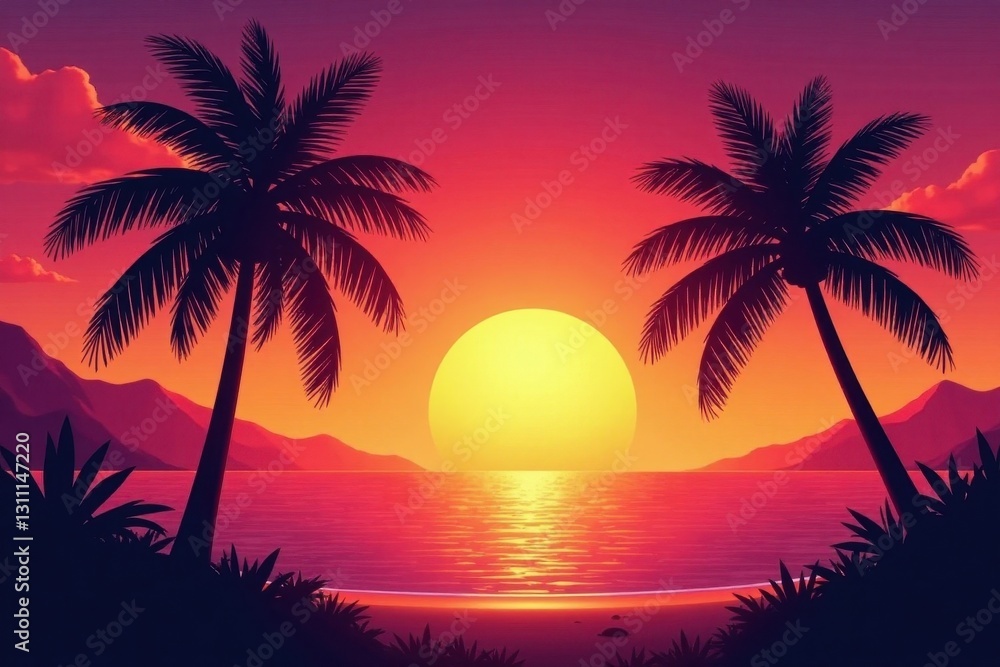 Silhouetted palm trees against a blazing sunset over a tranquil ocean , orange, picturesque Silhouetted palm trees against a blazing sunset over a tranquil ocean , orange, picturesque