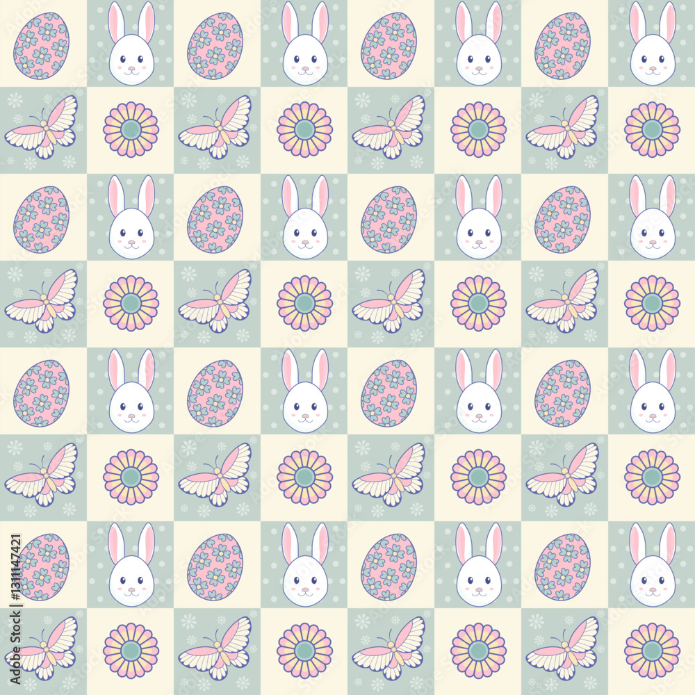 Seamless checkered pattern with Easter egg, bunny, butterfly, and flower. Vintage cute spring wallpaper. Pastel green and yellow background. Seamless checkered pattern with Easter egg, bunny, butterfly, and flower. Vintage cute spring wallpaper. Pastel green and yellow background.