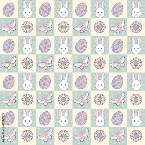 Seamless checkered pattern with Easter egg, bunny, butterfly, and flower. Vintage cute spring wallpaper. Pastel green and yellow background.