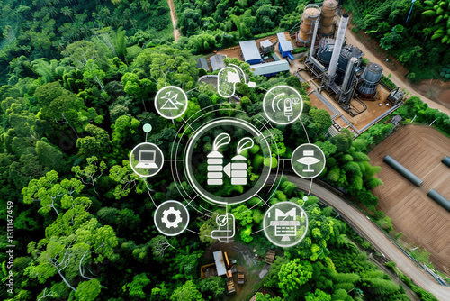 Aerial view of industrial plant with digital interface analytics overlay, surrounded by vibrant green fields