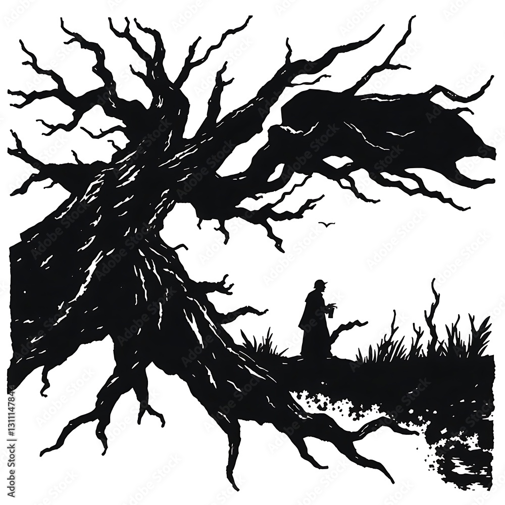 Dramatic Woodcut-Style Monochrome Illustration with Heavy Lines on White Background