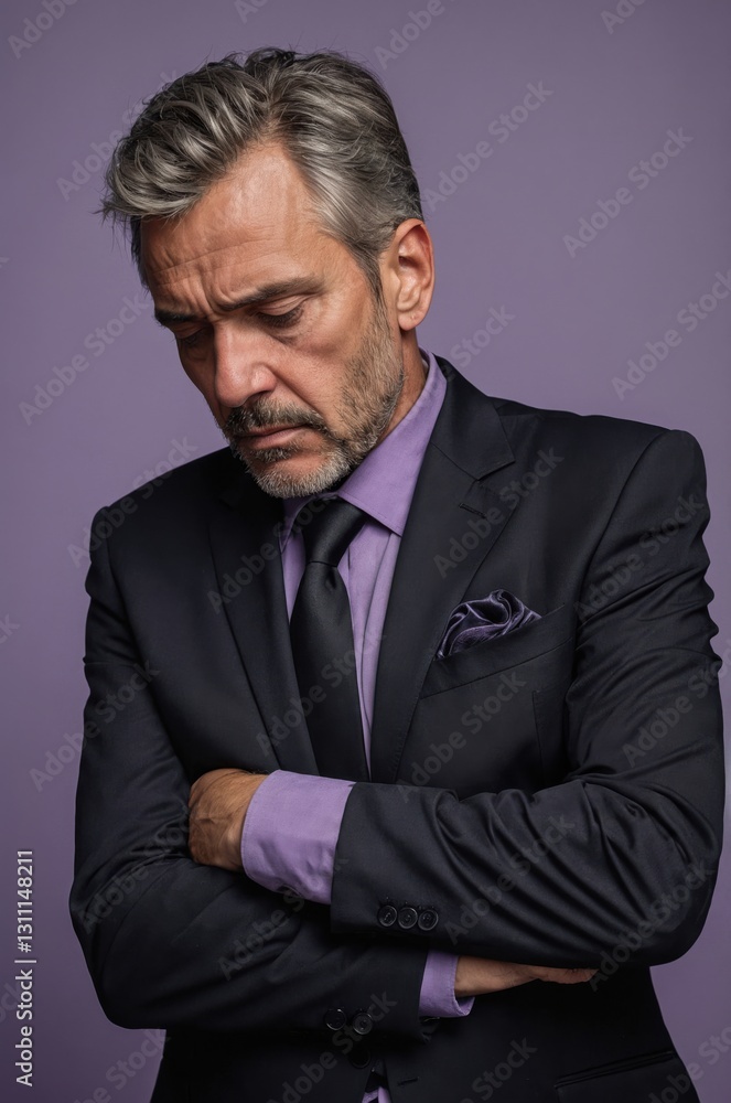 Contemplative businessman in suit, stands with arms crossed against solid purple background. Studio portrait. Contemplative businessman in suit, stands with arms crossed against solid purple background. Studio portrait.
