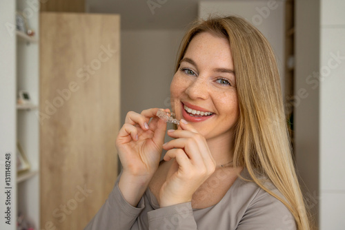 Smiling woman holding a clear orthodontic aligner in a bright room