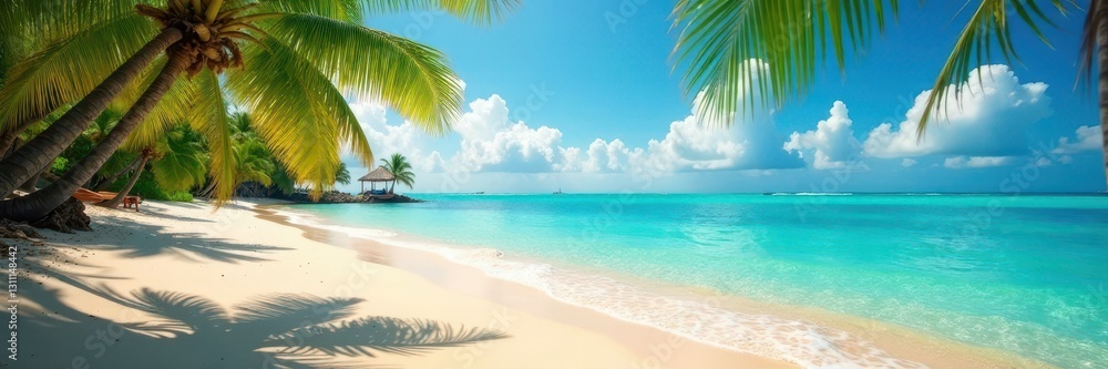 Fototapeta premium Golden sand, crystal clear water, lush palm trees , water, white