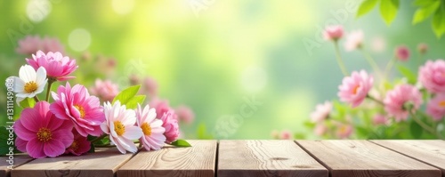 Pastel spring scene, wooden table, blooming flowers, mockup, blossom, scene