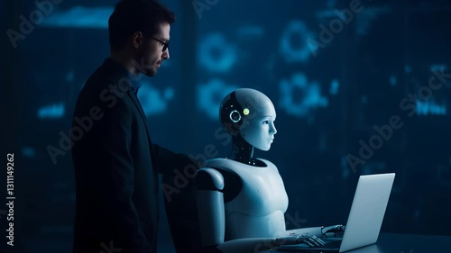 A man stand working with ai robot , theylooking  computer in his lap , realistic video.