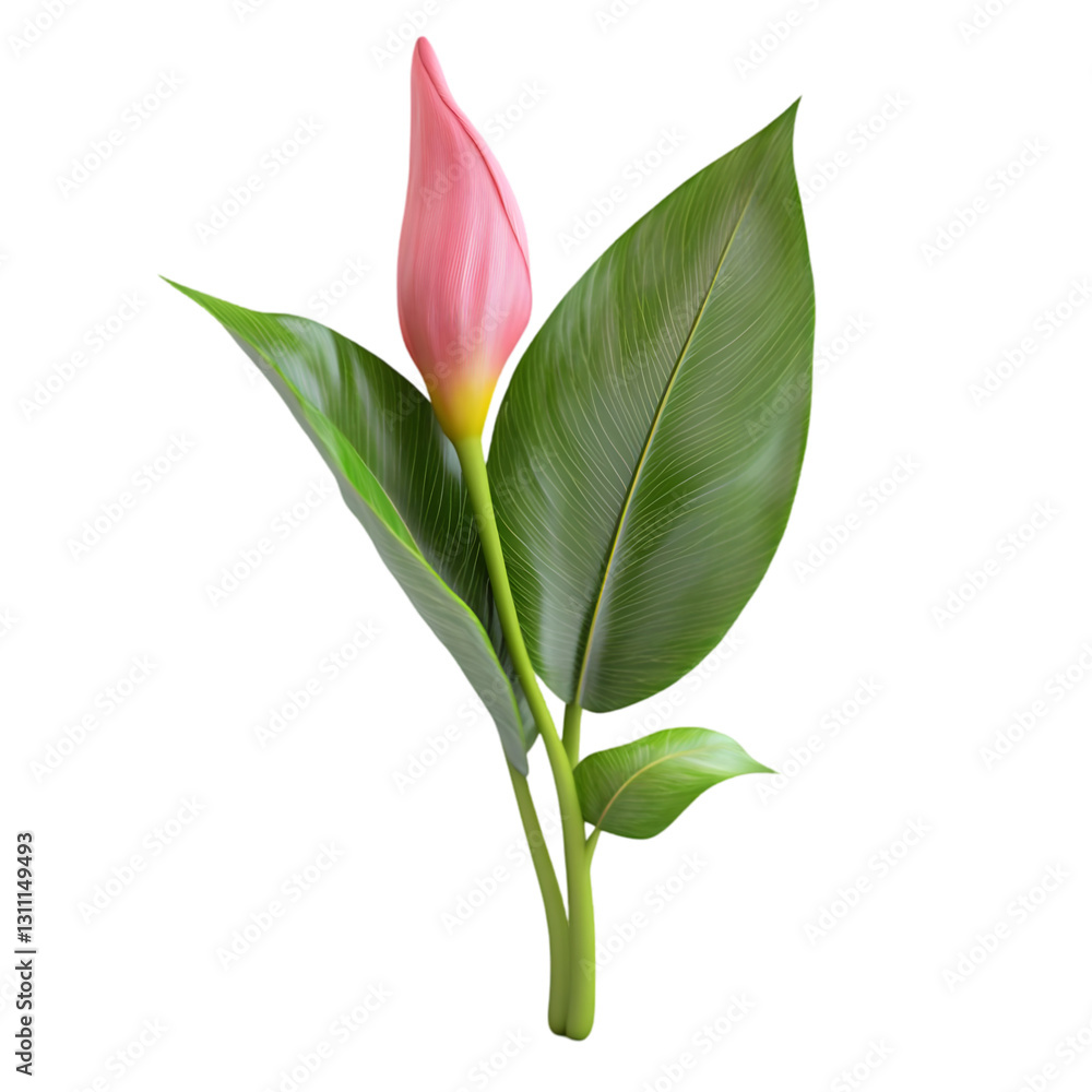 Obraz premium A close-up of a beautiful pink flower bud surrounded by lush green leaves, symbolizing growth and nature's beauty.