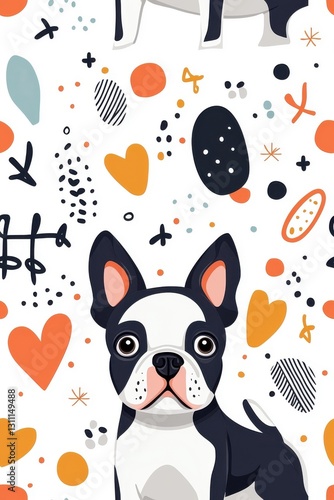 A flat style seamless pattern of Boston Terriers, isolate on white background, featuring various playful poses and expressions.
