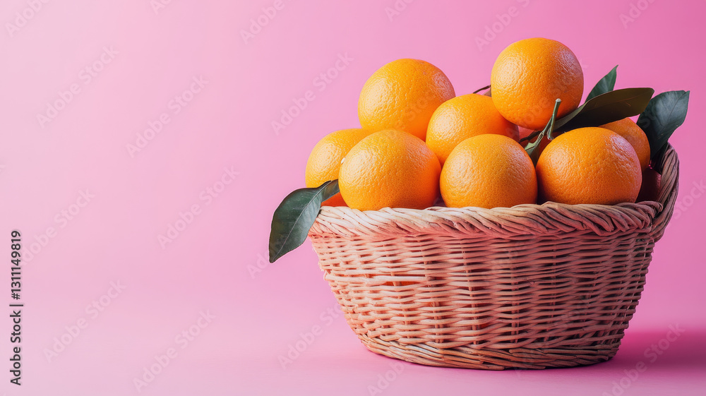 Wicker basket of oranges on a pink background. Wicker basket of oranges on a pink background.