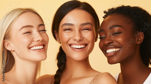 Three ethnically diverse women smiling, each with healthy white teeth and glowing skin, isolated on yellow background. Focus is on their happy expressions as they pose in front of the camera, beauty 
