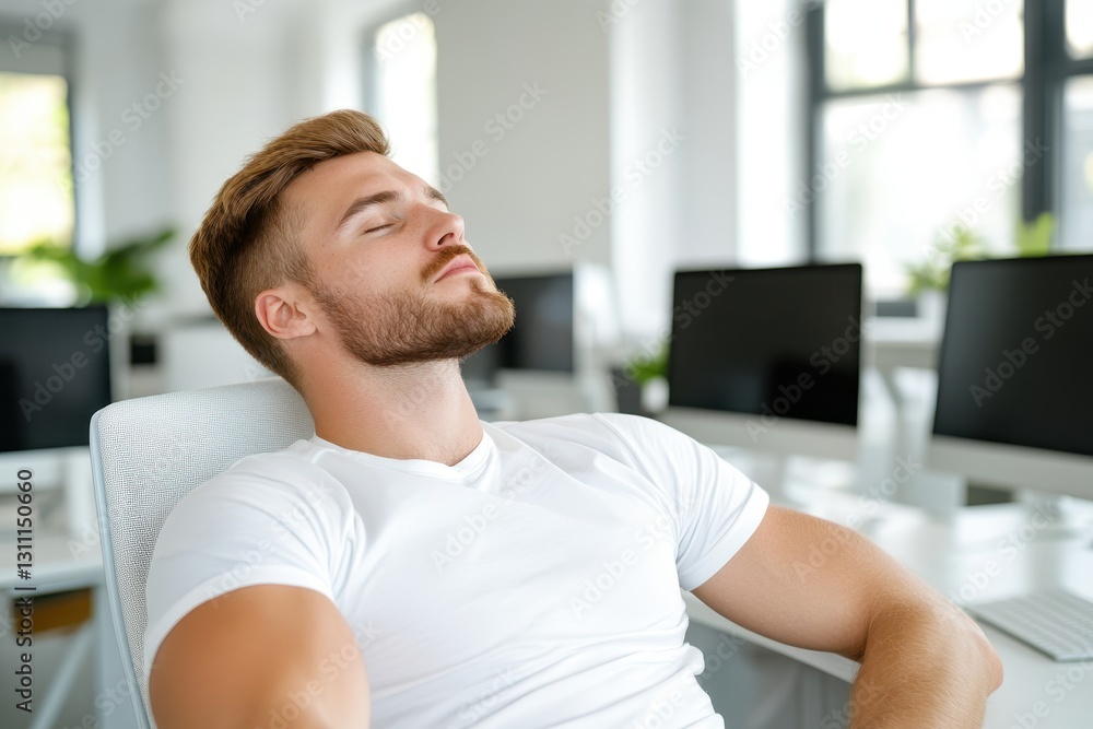 Man Relaxing In Modern Office With Computers Surrounding Man Relaxing In Modern Office With Computers Surrounding