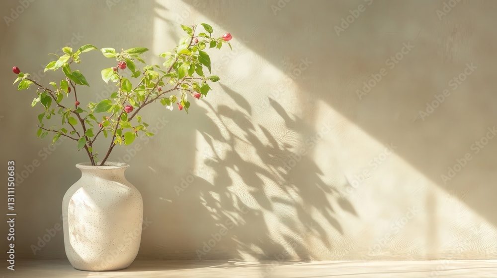 Fototapeta premium Sunlit Green Plant with Red Berries in White Vase Against Beige Wall