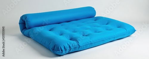 Compact rolled blue inflatable camping mattress, equipment, foam, roll-up