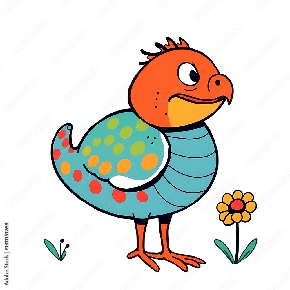 Whimsical Vintage-Style Illustration with Bold Lines and Saturated Colors on White Background