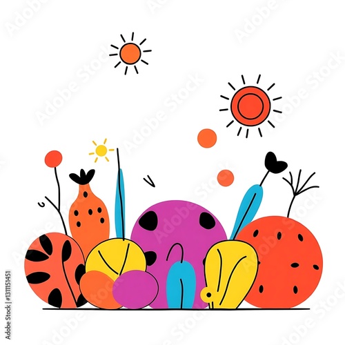 Whimsical Vibrant Illustration with Bold Lines and Playful Shapes on White Background