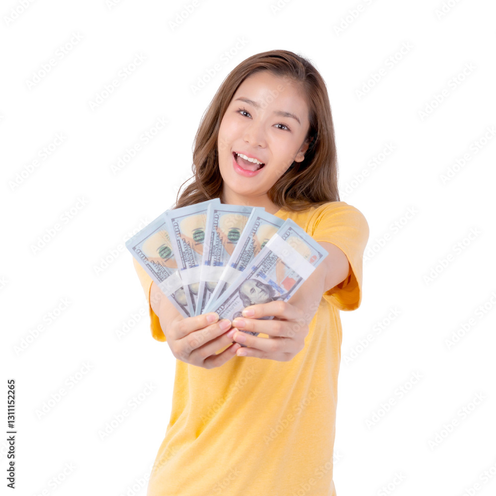 Cheerful and Beautiful Asian Woman Holding Dollar Bills with a Big Smile, isolated on a transparent background , Representing Wealth, Financial Success, Happiness, and Confidence in Modern Lifestyle Cheerful and Beautiful Asian Woman Holding Dollar Bills with a Big Smile, isolated on a transparent background , Representing Wealth, Financial Success, Happiness, and Confidence in Modern Lifestyle