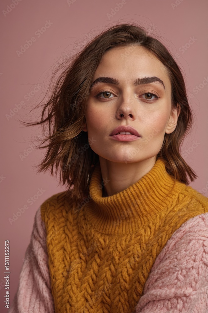 Portrait of a woman with neutral makeup and a cozy, multi-colored sweater against a soft pink backdrop. Portrait of a woman with neutral makeup and a cozy, multi-colored sweater against a soft pink backdrop.