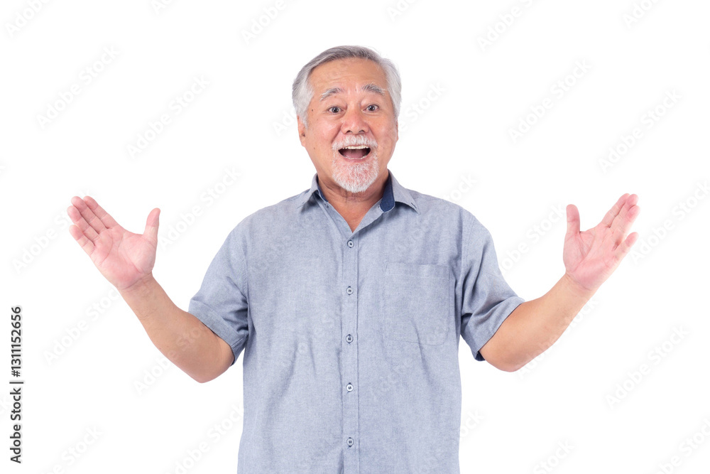 Happy senior Asian man with gray hair and beard smiling cheerfully, spreading arms in excitement, wearing casual gray shirt, standing isolated on a transparent background Happy senior Asian man with gray hair and beard smiling cheerfully, spreading arms in excitement, wearing casual gray shirt, standing isolated on a transparent background