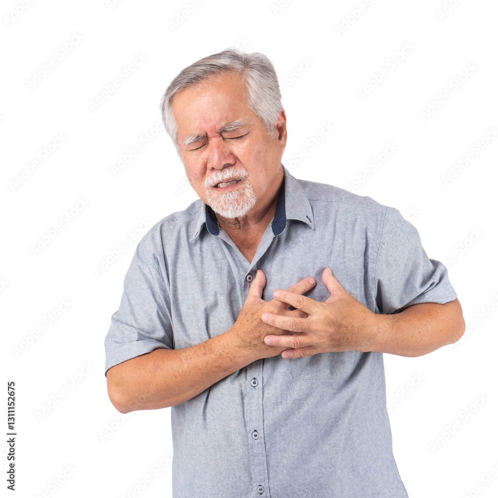Senior Asian man experiencing chest pain, showing signs of a heart attack or cardiovascular problem, wearing a casual gray shirt and standing against , isolated on a transparent background
Senior Asian man experiencing chest pain, showing signs of a heart attack or cardiovascular problem, wearing a casual gray shirt and standing against , isolated on a transparent background