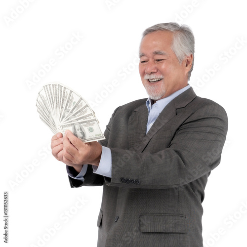 Senior Businessman Smiling While Holding and Fanning a Stack of Cash, Representing Financial Success, Wealth Management, and Prosperity for Older Adults isolated on a transparent background
