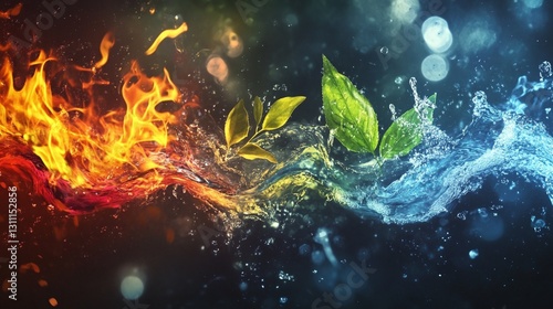 splash of water and fire, two contrasting elements of nature with leaves 