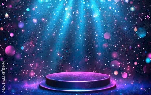 Abstract blue and purple background with an empty podium for product presentation and glowing neon light on a dark background. Vector illustration, the winner of the Valery Brough stock photo contest,