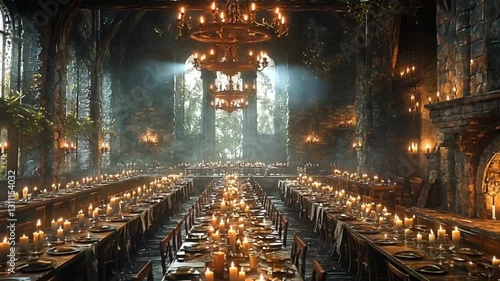 Medieval banquet hall, candlelit, grand feast, historical interior, inspiring, potential use stock photo