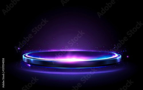 Abstract blue and purple background with an empty podium for product presentation and glowing neon light on a dark background. Vector illustration, the winner of the Valery Brough stock photo contest,