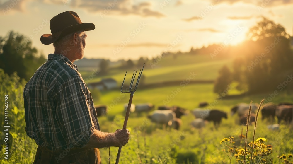 Farmer observing sunset while holding pitchfork in a lush field Farmer observing sunset while holding pitchfork in a lush field