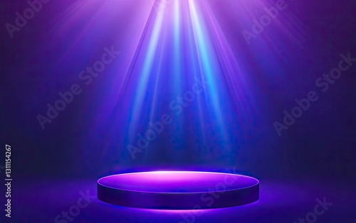 Abstract blue and purple background with an empty podium for product presentation and glowing neon light on a dark background. Vector illustration, the winner of the Valery Brough stock photo contest,