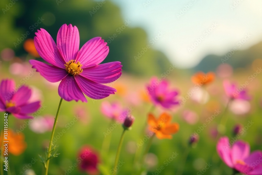 Vibrant cosmos flowers bloom in a summer field , pastel, macro, sunshine Vibrant cosmos flowers bloom in a summer field , pastel, macro, sunshine