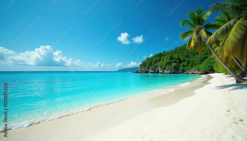 White sand beach, turquoise water, lush island backdrop, palm trees, water, coast White sand beach, turquoise water, lush island backdrop, palm trees, water, coast