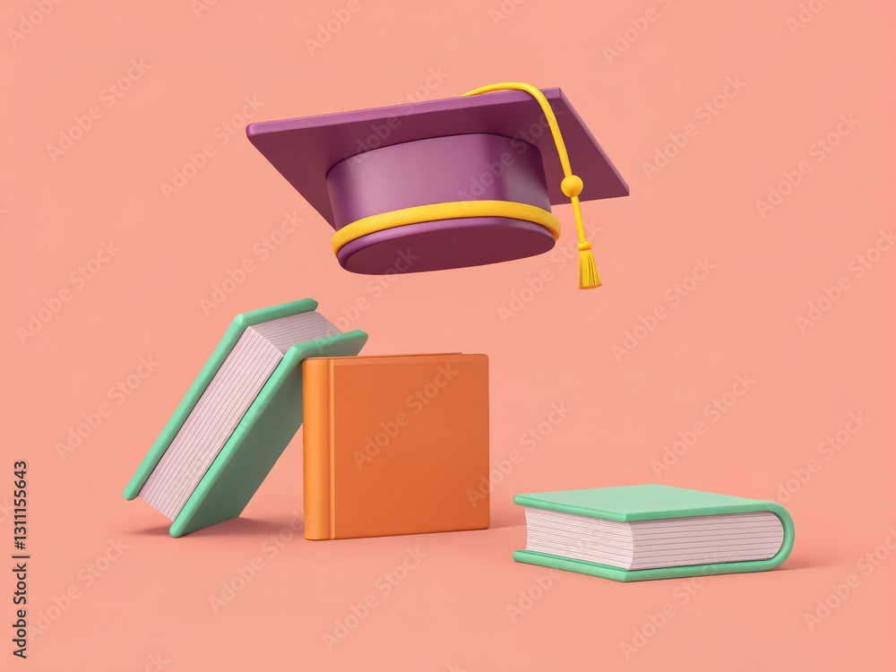 Colorful Graduation Cap Above Stack of Books Against Soft Pink Background Colorful Graduation Cap Above Stack of Books Against Soft Pink Background