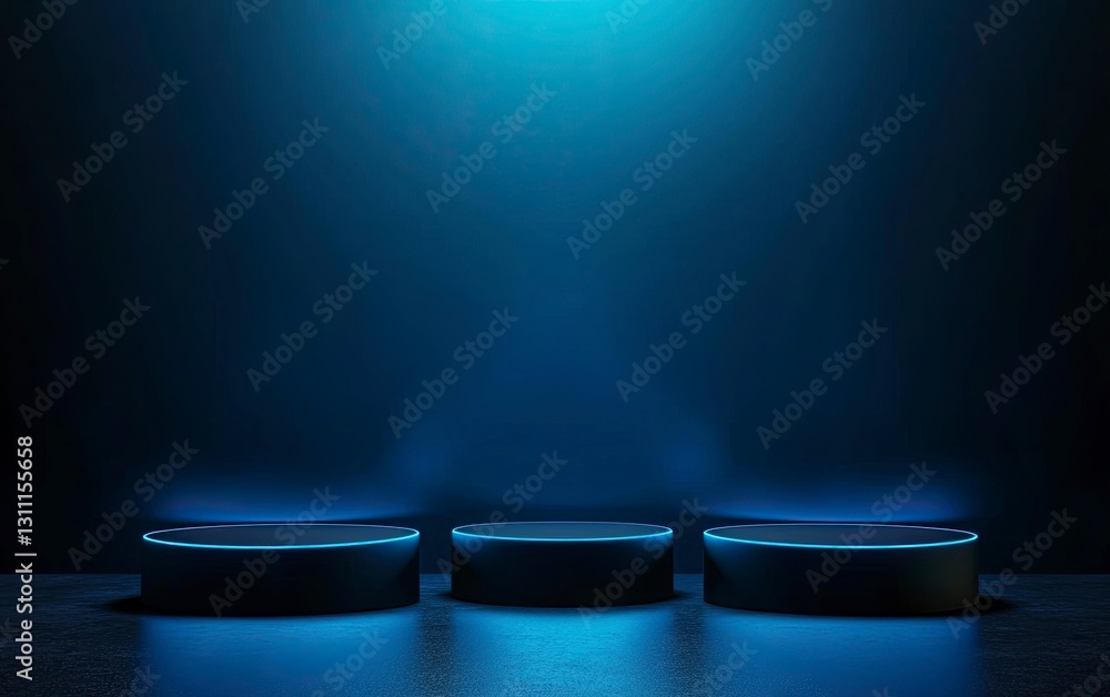 Obraz premium Abstract blue background with three pedestals for product presentation, a technology and science concept, with dark and light elements.